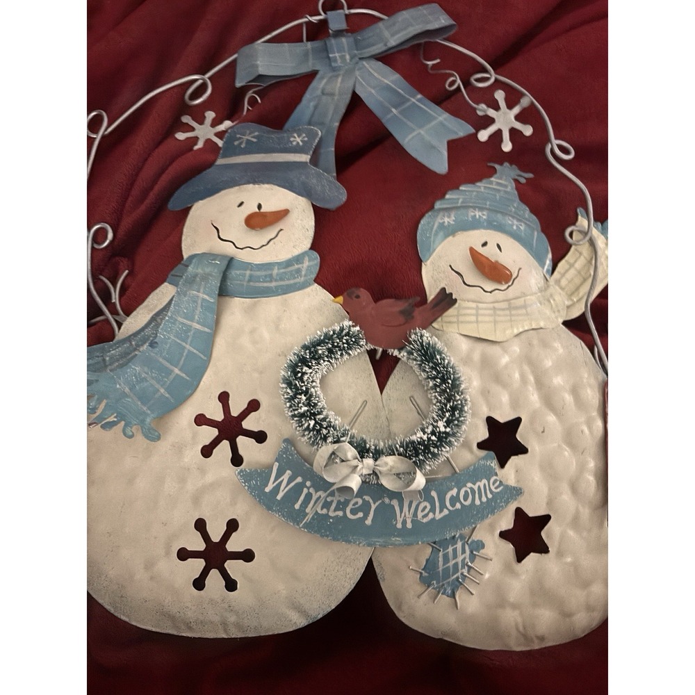 Winter Welcome Metal Door Hanger Blue White Scarves Hat Wreath Red Bird